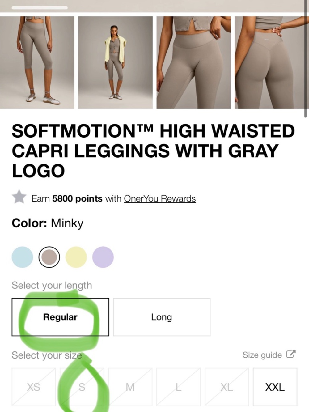 Oner Active SoftMotion High Waisted Capri Leggings Minky Small Reg Length
